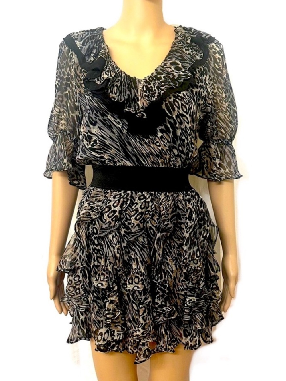 Ark & Co Black and Cream Animal Print Ruffle Mini Dress